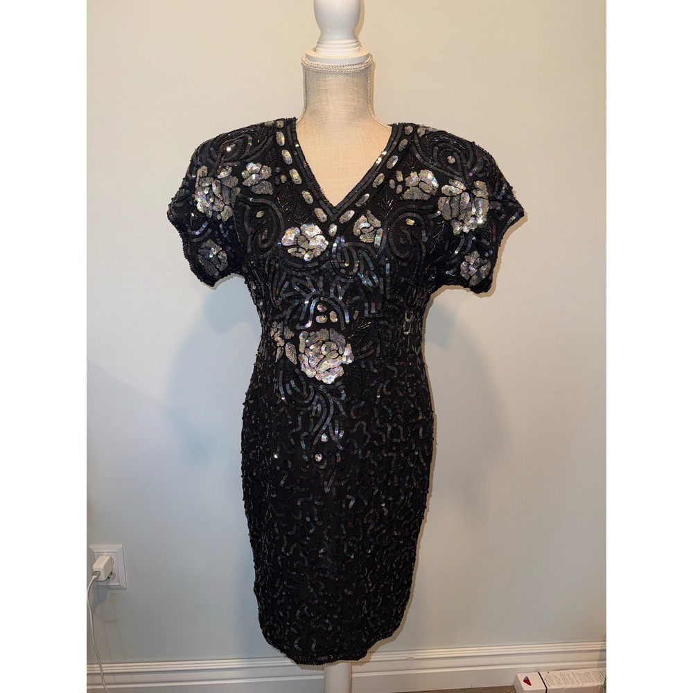 Vintage Stenay Silk Beaded Sequin Cocktail Dress Black 80s Glam Party Mini Sz 10